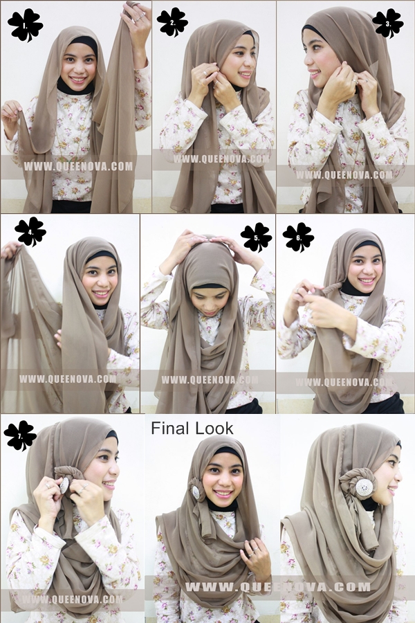 tutorial kreasi jilbab pashmina dengan brooch Think Creative